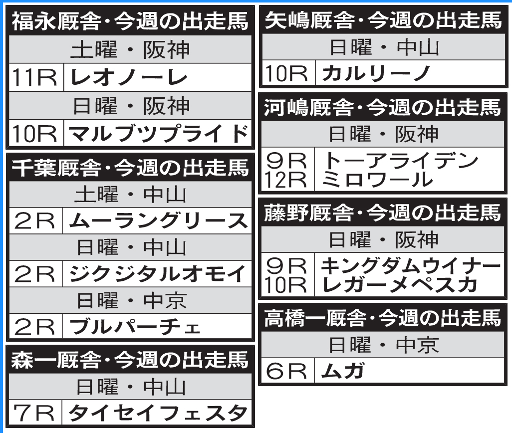 新規調教師7人・今週の出走馬