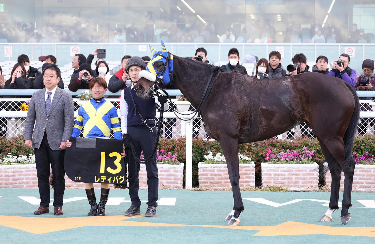 コーラルSを制したレディバグと口取りに並ぶ酒井学騎手（中央）（撮影・白石智彦）