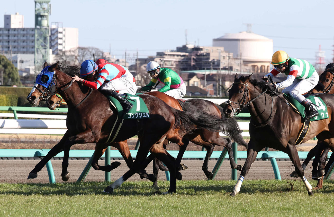 中山牝馬Sを制したコンクシェルと岩田望騎手（左）。右は2着ククナ（撮影・丹羽敏通）