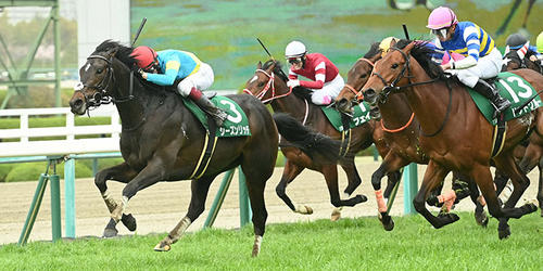 毎日杯を制したシーズンリッチ(左)、右は3着ドットクルー(撮影・石井愛子)=2023年3月25日、阪神競馬場