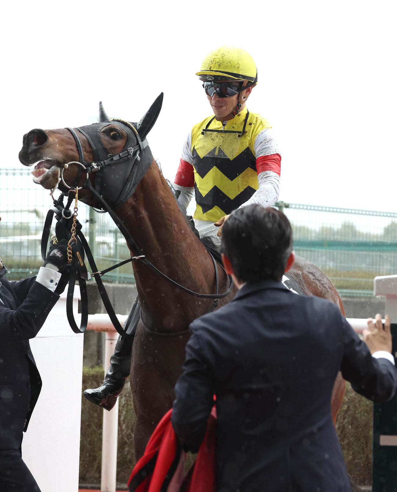 阪神9R、2着に敗れたプリモカリーナを出迎える福永師（右）（撮影・白石智彦）