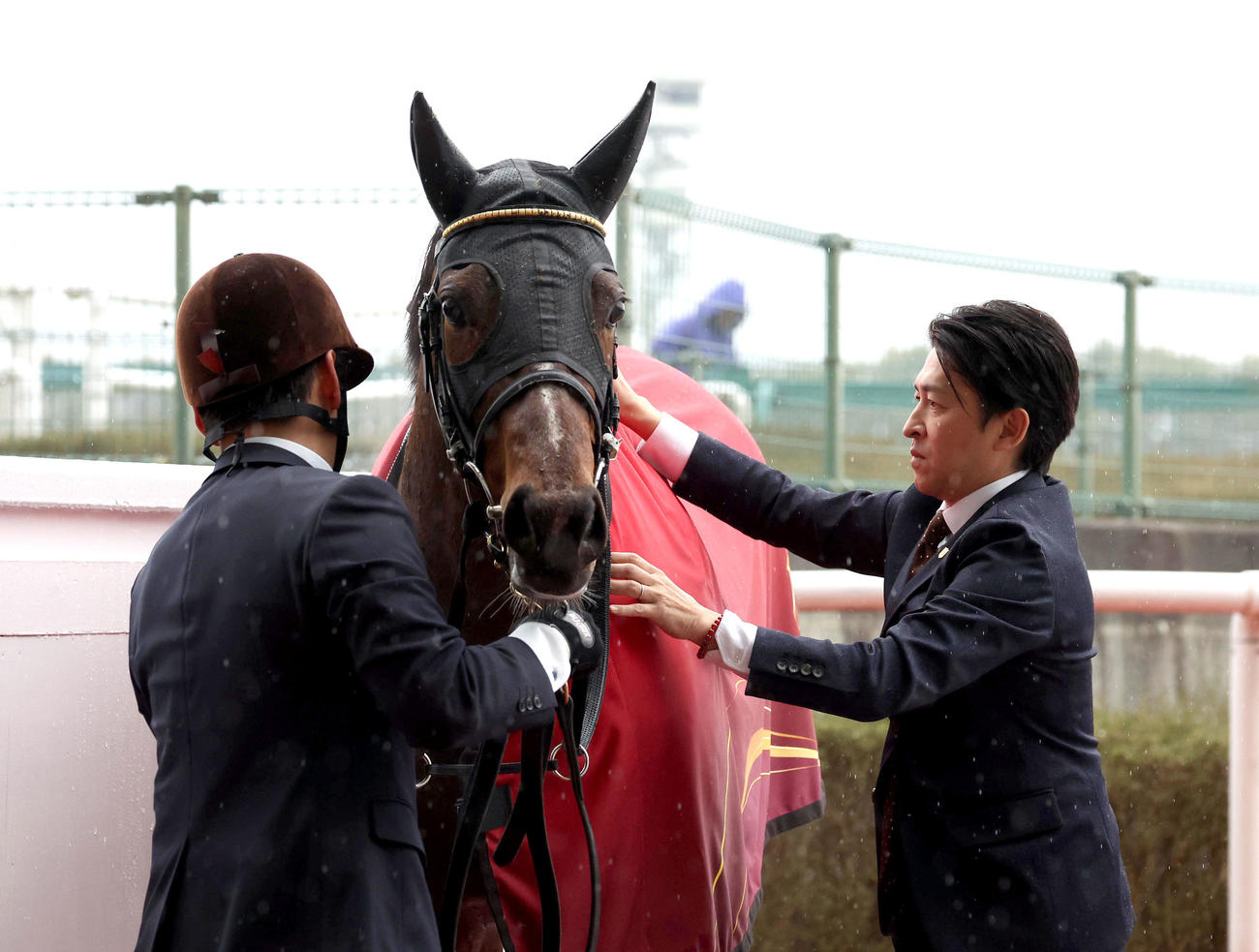 阪神9R、2着に敗れたプリモカリーナに馬着を着せる福永師（右）（撮影・白石智彦）