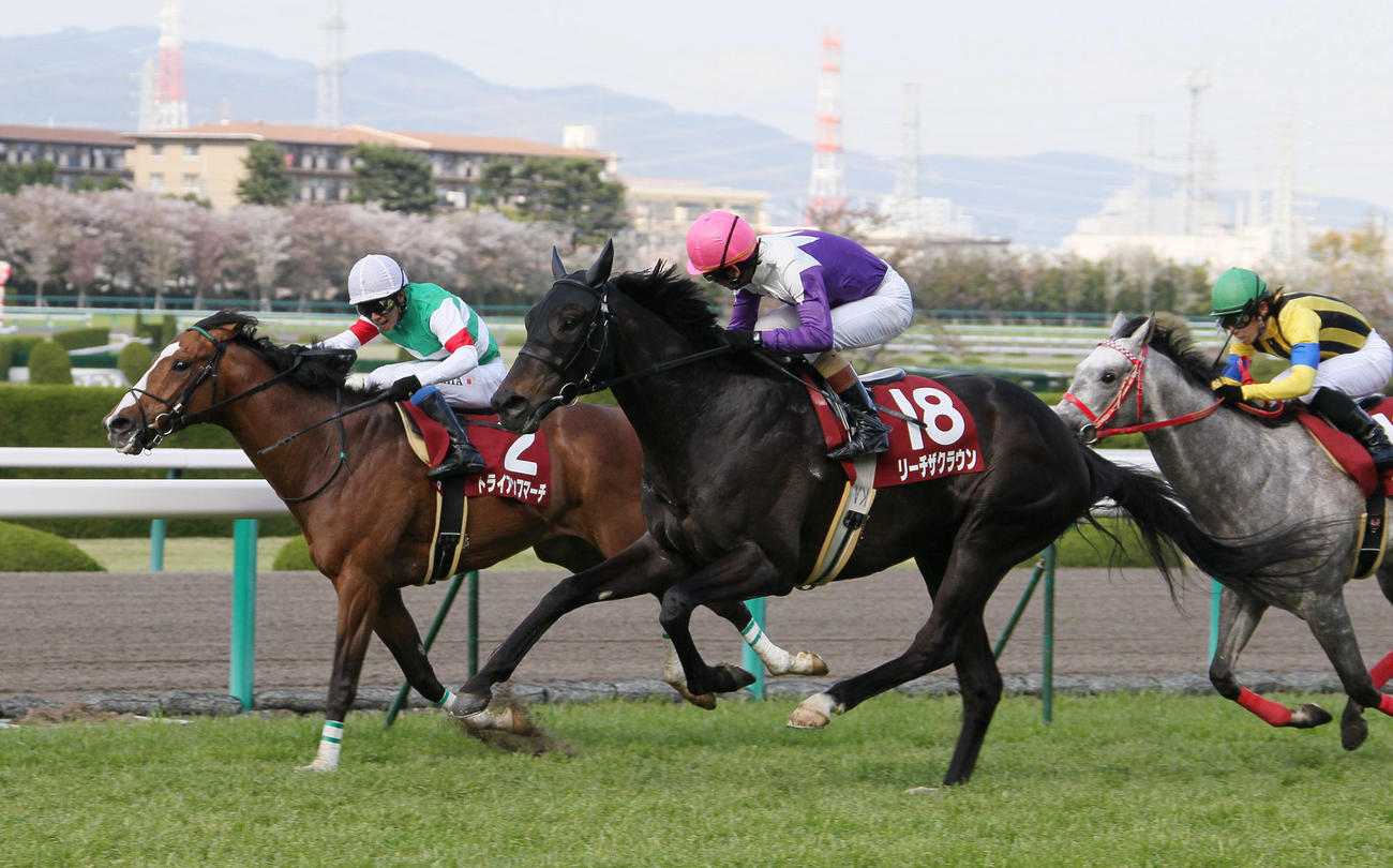 10年マイラーズC、トライアンフマーチ（左）をクビ差抑え勝利したリーチザクラウン