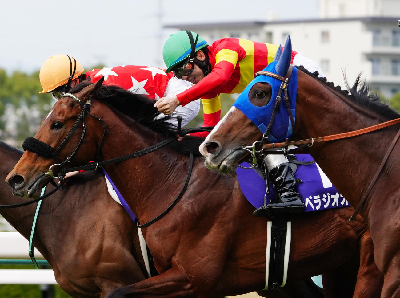 中央から抜けだしG1大阪杯を制したベラジオオペラと喜ぶ横山和騎手（撮影・清水貴仁）