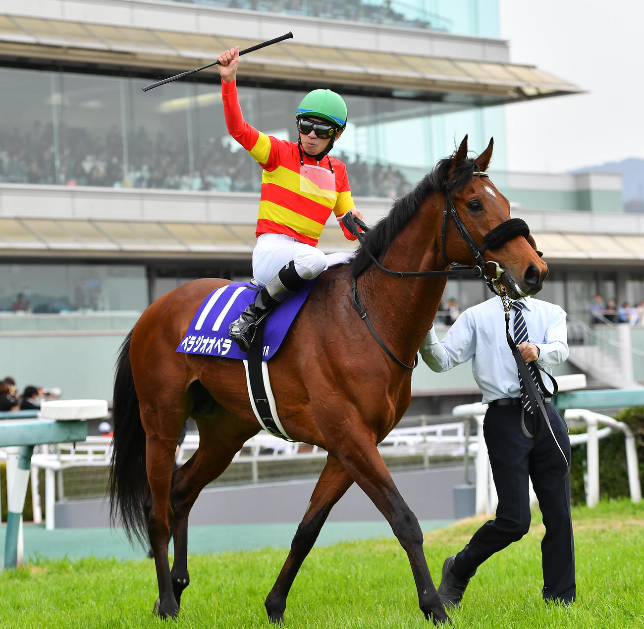 G1大阪杯を制したベラジオオペラとガッツポーズの横山和騎手（撮影・清水貴仁）