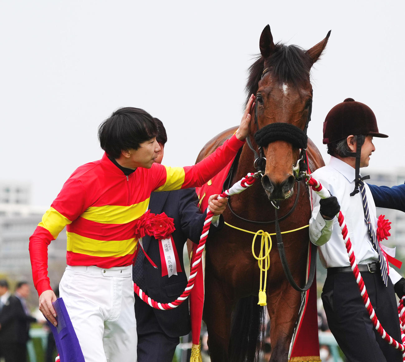 大阪杯を制したベラジオオペラの顔をなでてねぎらう横山和騎手（撮影・清水貴仁）