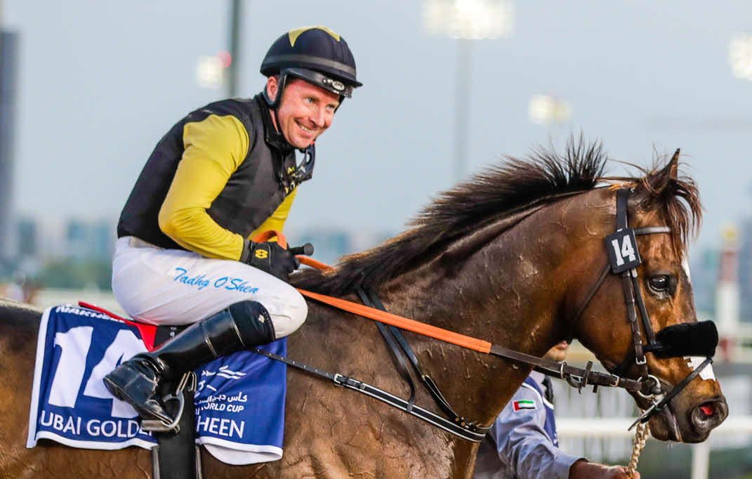 ドバイゴールデンシャヒーンをタズで制したタイグ・オシェア騎手（C）Dubai Racing Club