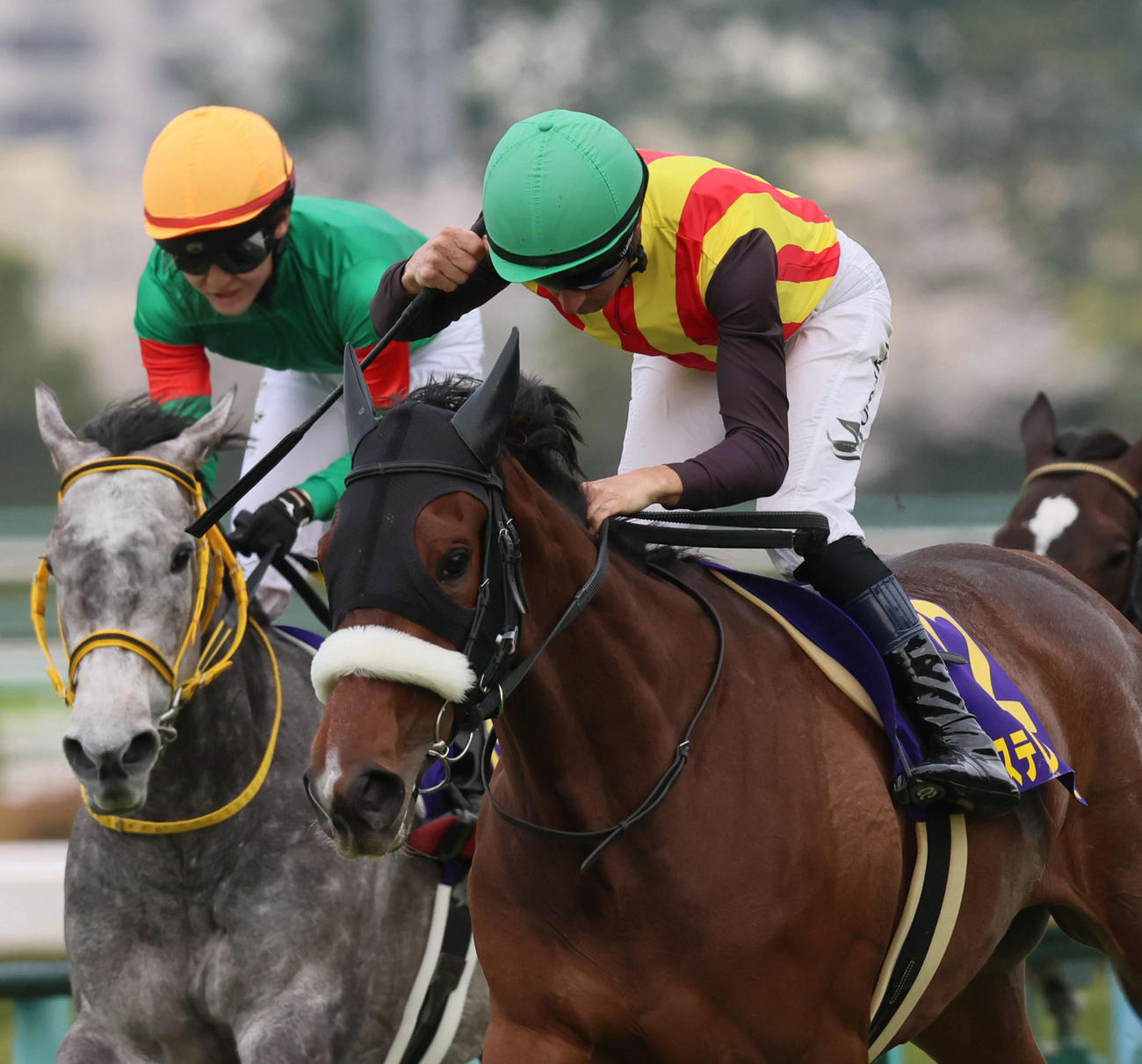 桜花賞を制しガッツポーズを見せるステレンボッシュとJ・モレイラ騎手（4月7日撮影）