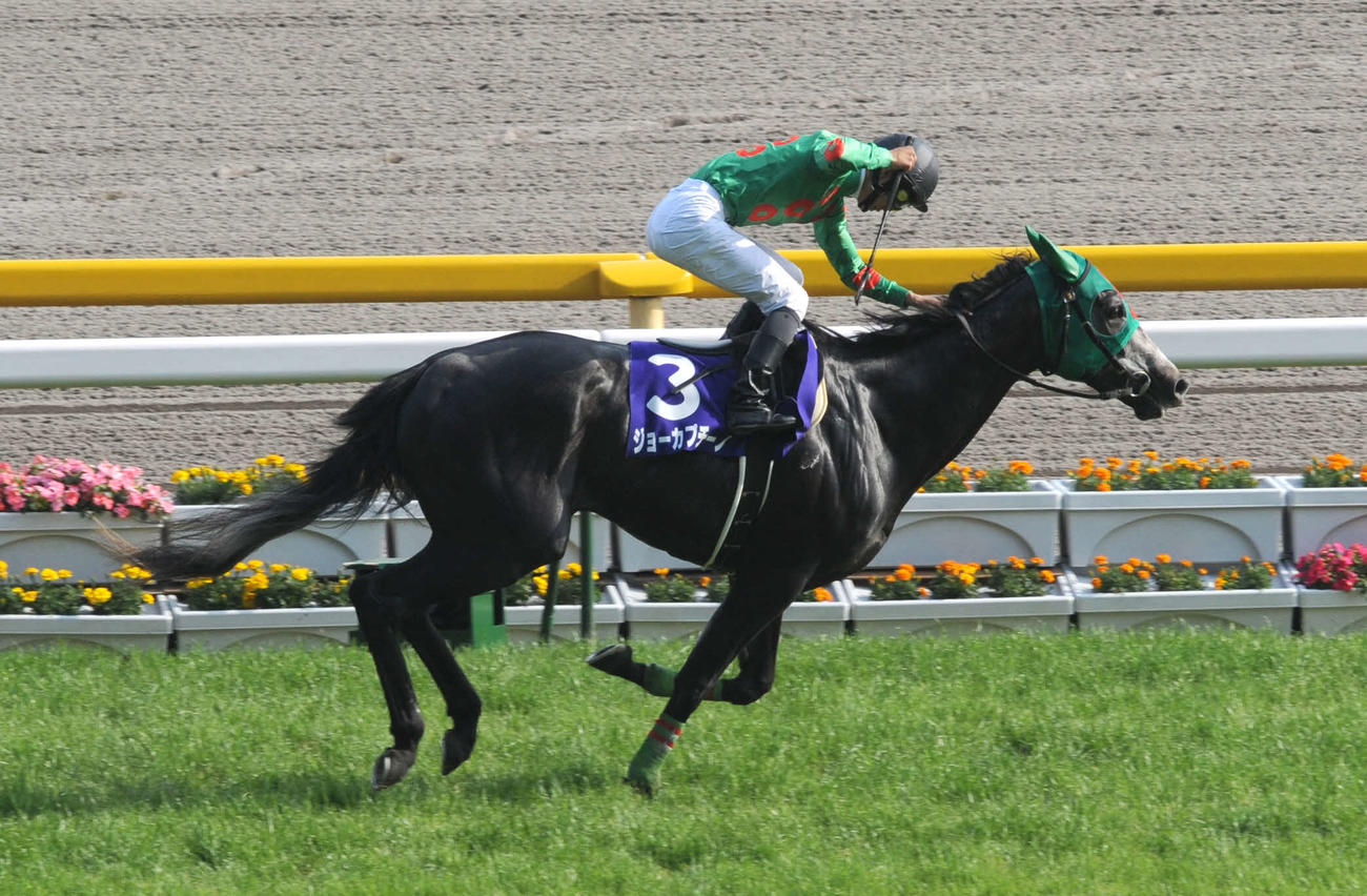 09年、NHKマイルCを制したジョーカプチーノの藤岡康太騎手はゴール後にガッツポーズ