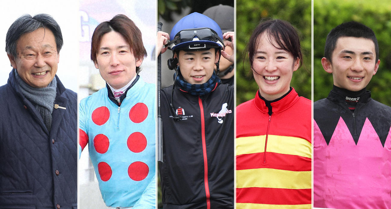 左から根本師、丸山元気騎手、野中悠太郎騎手、藤田菜七子騎手、長浜鴻緒騎手