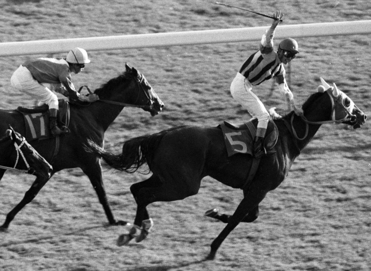 85年、天皇賞・秋をギャロップダイナで制しガッツポーズする根本康広騎手。左は2着シンボリルドルフ