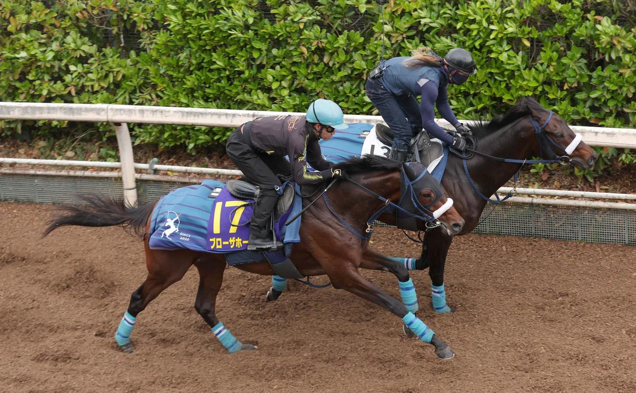 坂路コースを菅原明良騎手を背にディクテオンと併せで追い切るブローザホーン（手前）