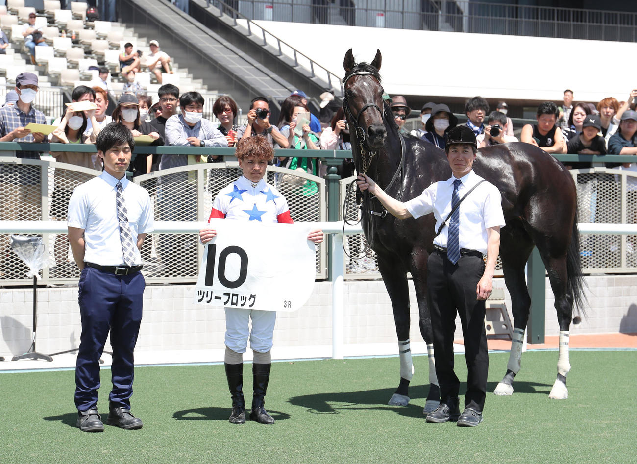 京都3R、3歳未勝利を勝ち上がったツリーフロッグと口取りに並ぶ高田騎手（中央）（撮影・白石智彦）
