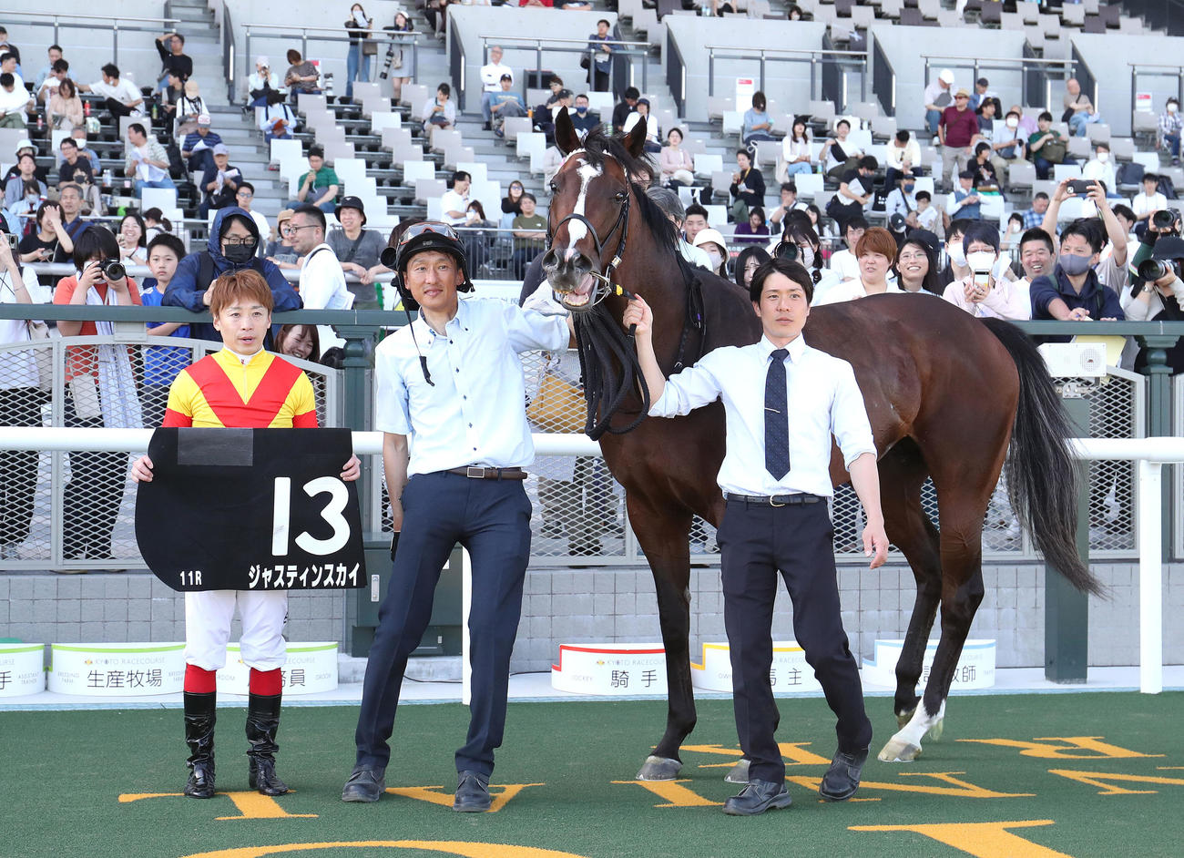 京都11R、鞍馬Sを制したジャスティンスカイと口取りに並ぶ池添騎手（左）（撮影・白石智彦）