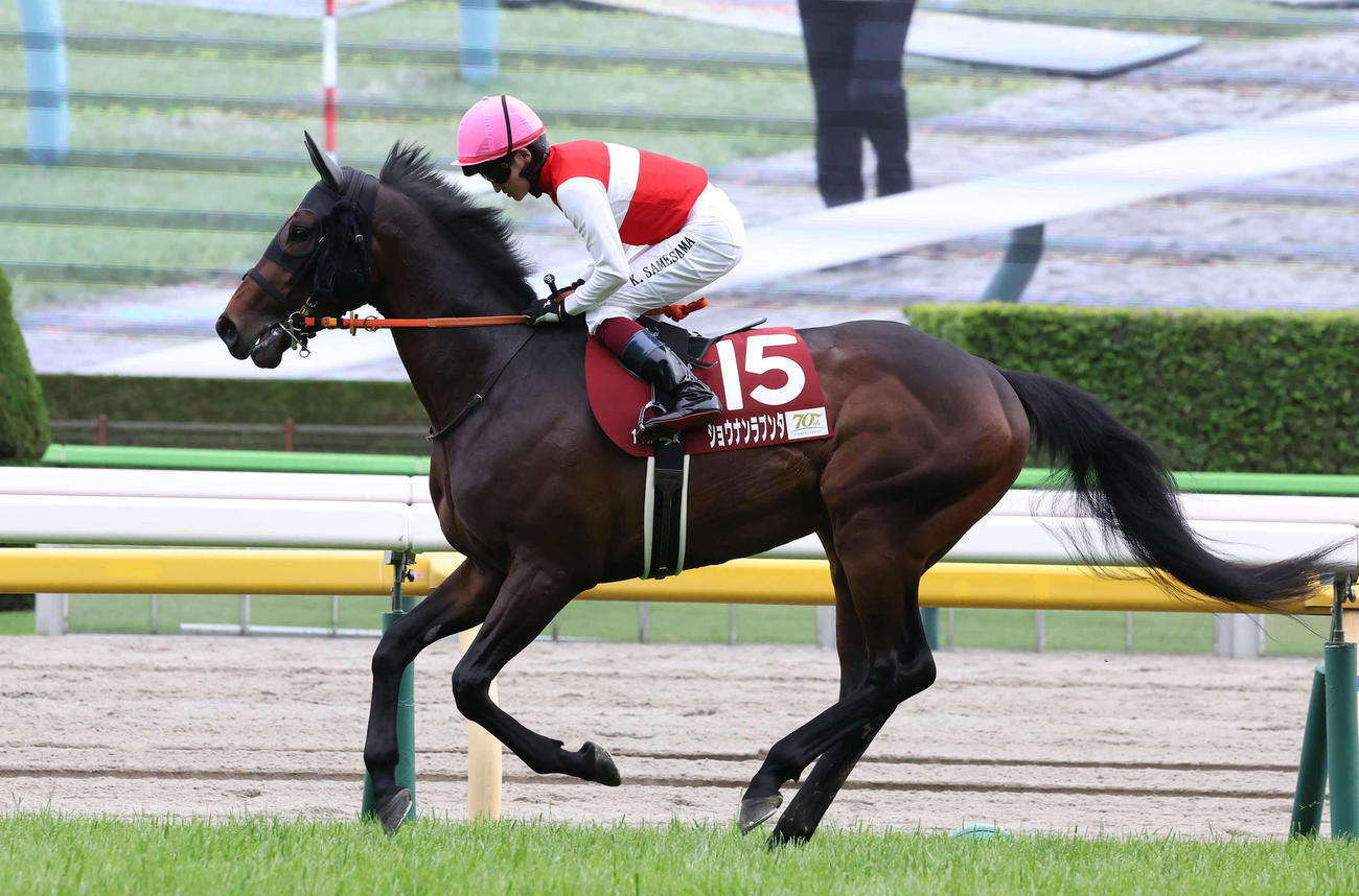 ショウナンラプンタと鮫島克駿騎手（2024年4月27日撮影）
