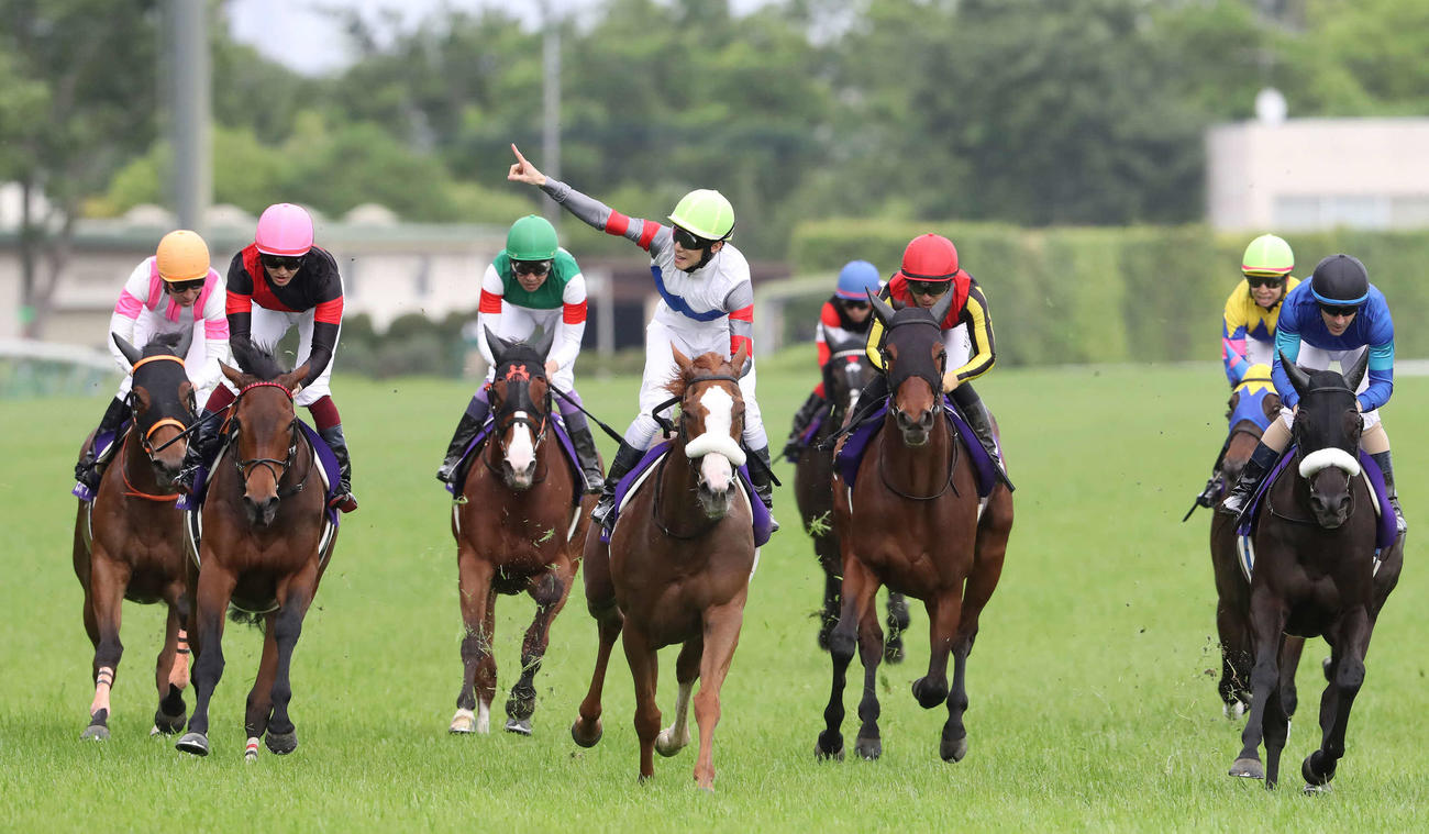 ヴィクトリアMを制したテンハッピーローズの馬上でガッツポーズを決める津村騎手（左から4頭目）