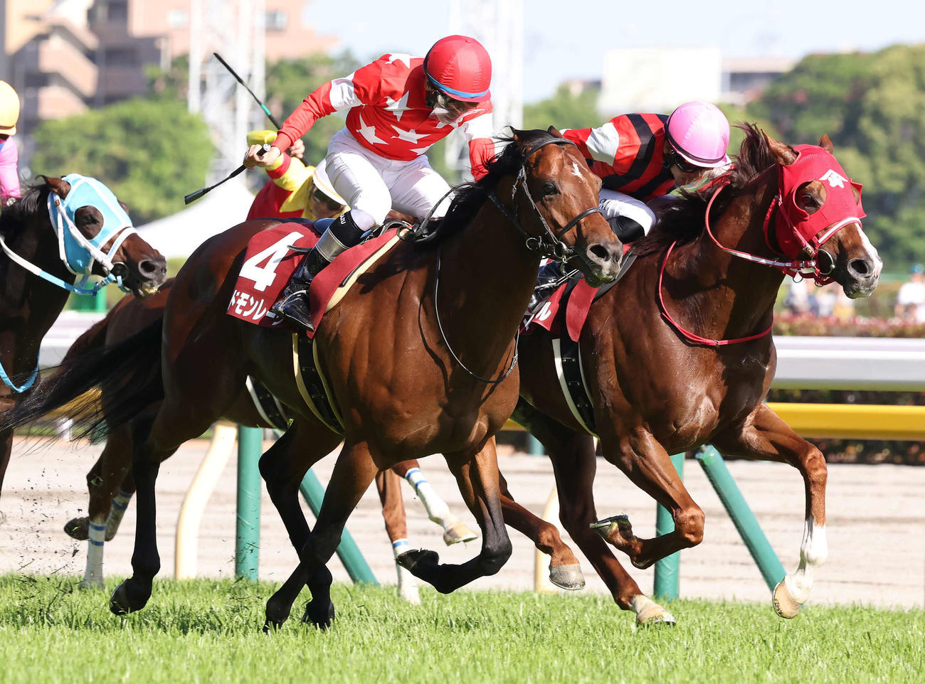 レッドモンレーヴ（左）と鼻差の競り合いの末、京王杯SCを制したウインマーベルと松山騎手（右）