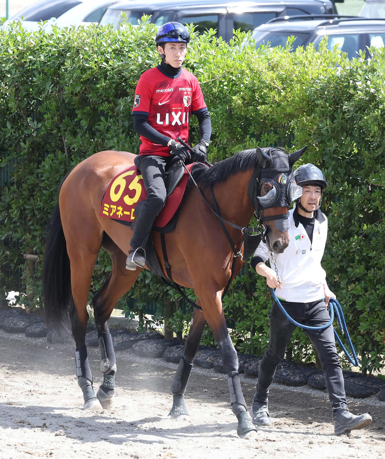 馬場へ向かうミアネーロと津村騎手（撮影・丹羽敏通）
