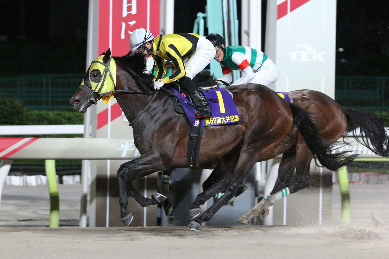 逃げ粘るバーデンヴァイラー（奥）を直線で差し切り大井記念を制したサヨノネイチヤと西啓太騎手（手前）