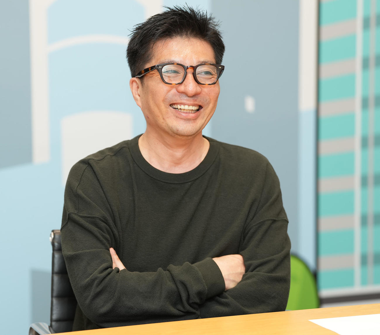 インタビューを受けるサイバーエージェント藤田晋社長（撮影・鈴木みどり）