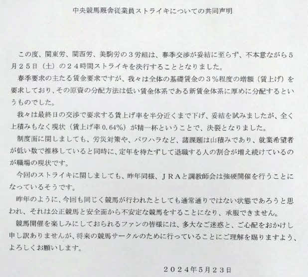 中央競馬3労組の共同声明