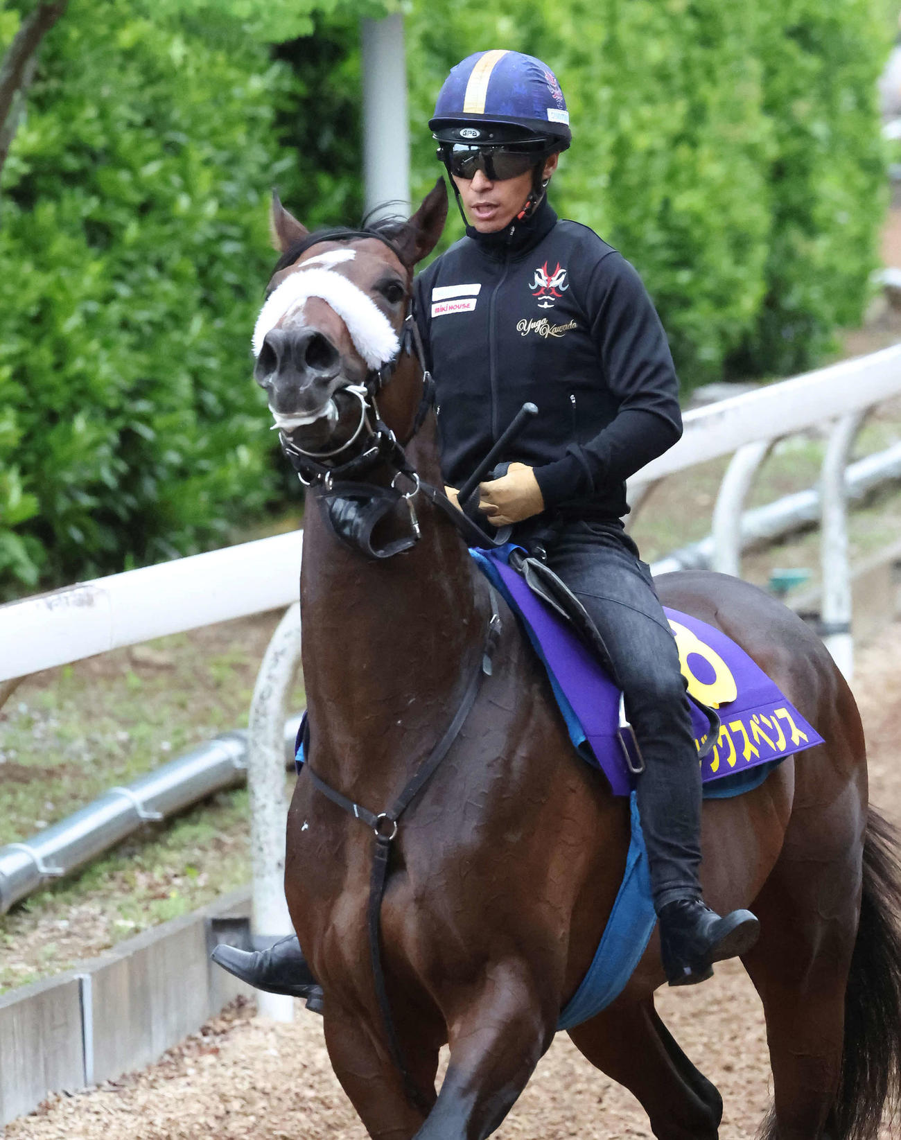 美浦坂路で最終追い切りを行ったシックスペンスと川田騎手（2024年5月22日撮影）