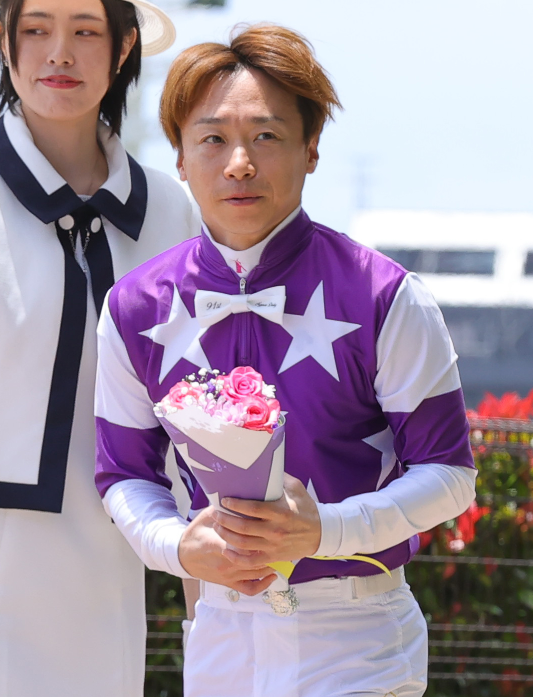 日本ダービーの騎手紹介に登場した池添謙一騎手（撮影・野上伸悟）