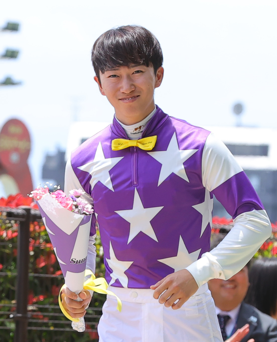 日本ダービーの騎手紹介に登場した菅原明良騎手（撮影・野上伸悟）