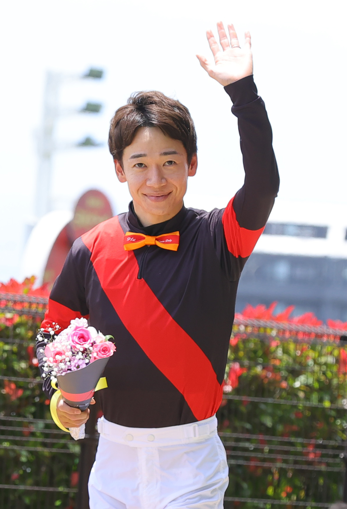 日本ダービーの騎手紹介に登場した松山弘平騎手（撮影・野上伸悟）
