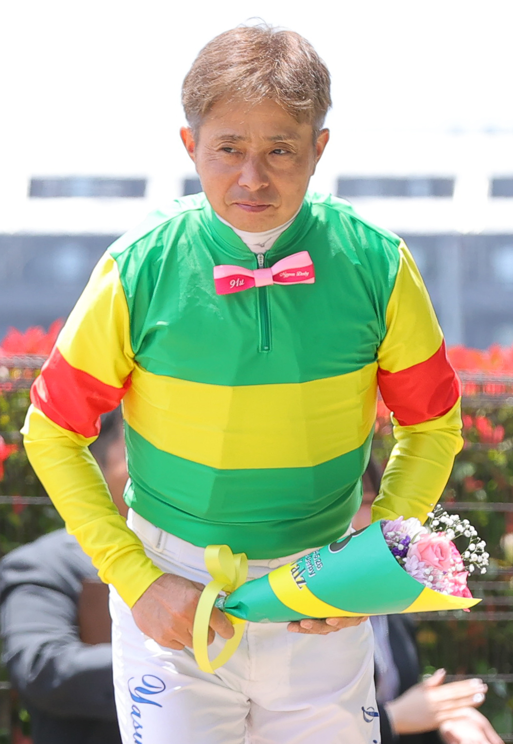 日本ダービーの騎手紹介に登場した岩田康誠騎手（撮影・野上伸悟）