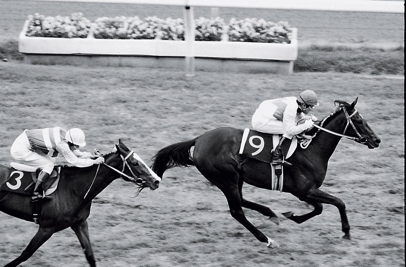 84年5月、第45回優駿牝馬（オークス）を制したトウカイローマンと岡富俊一騎手（右）