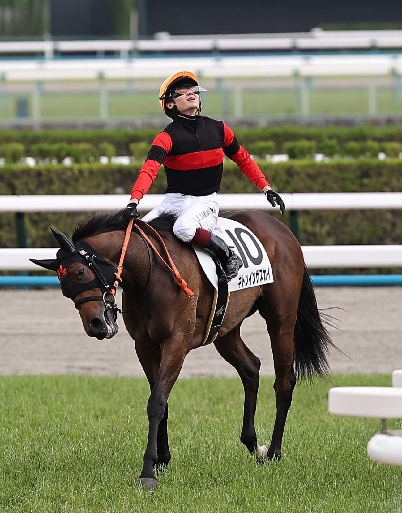 京都5R、新馬戦を制したキトンインザスカイと鮫島克駿騎手（撮影・上田博志）