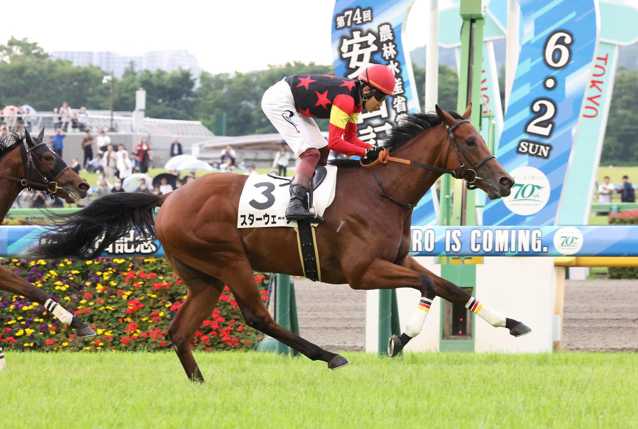 東京6R、2歳新馬戦を制したスターウェーブと三浦騎手（撮影・丹羽敏通）