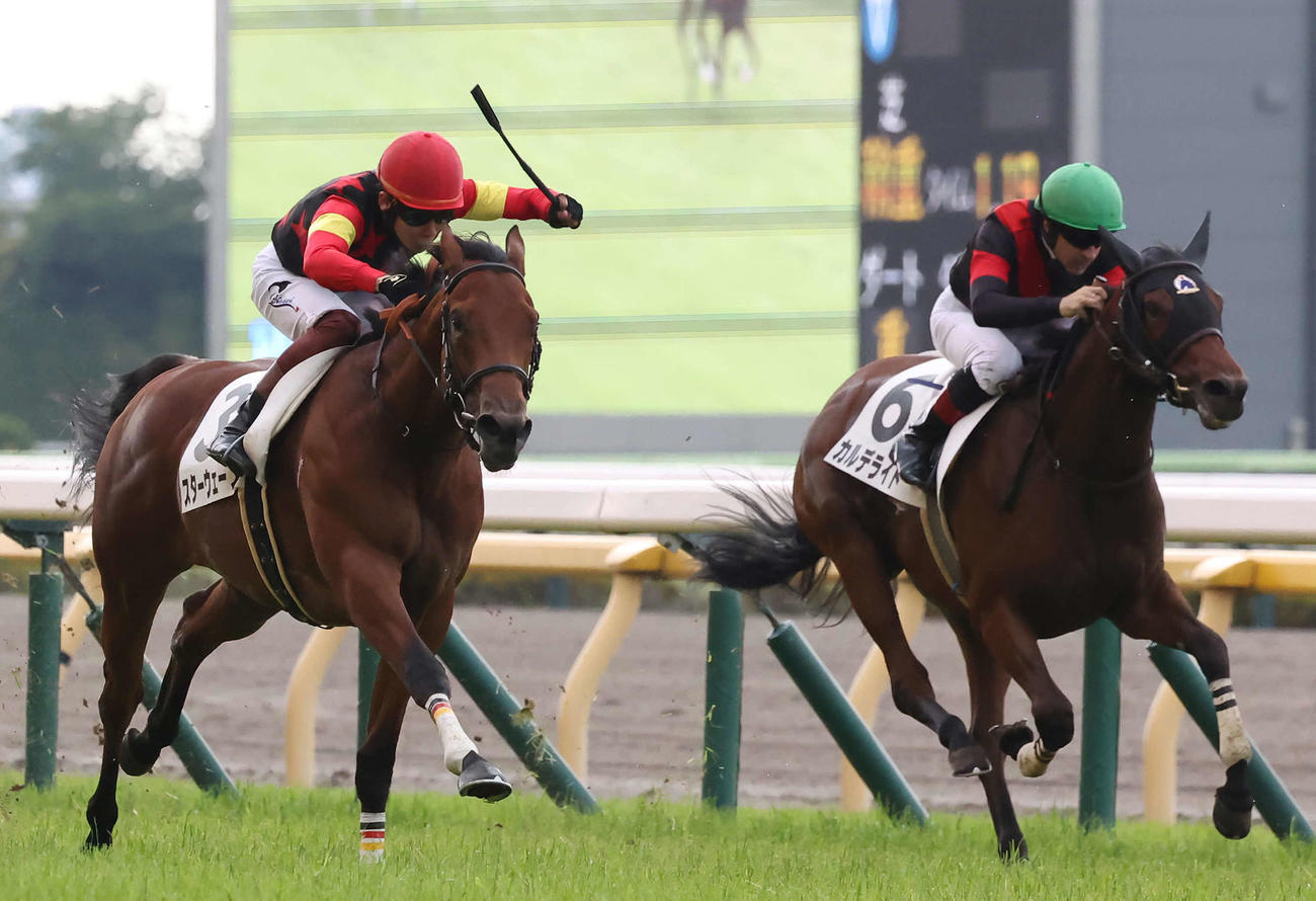 東京6R、2歳新馬戦を制したスターウェーブと三浦騎手（左）。右は2着カルデライト（撮影・丹羽敏通）