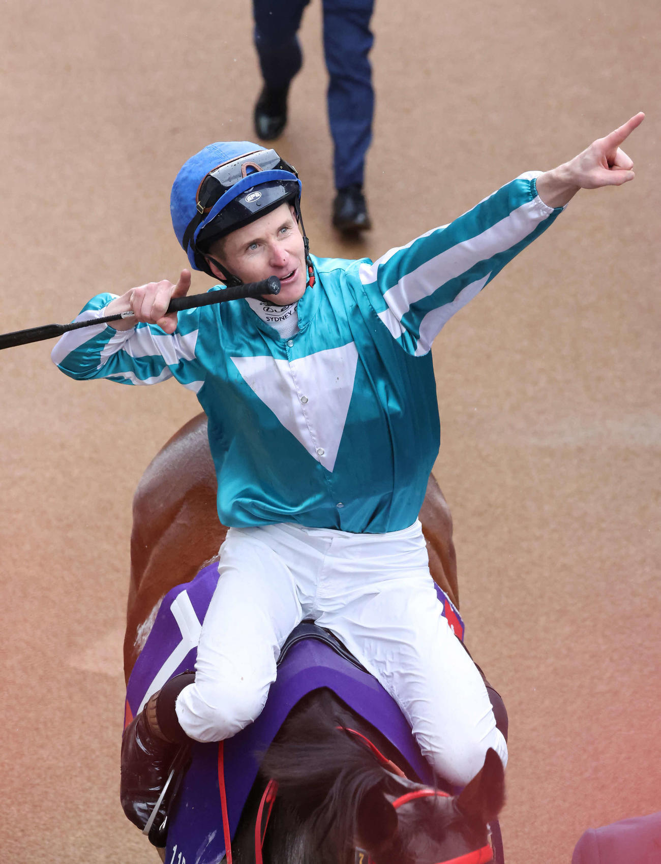 東京11R、ロマンチックウォリアーで安田記念を制して、馬上でポーズを決めるマクドナルド騎手（撮影・丹羽敏通）