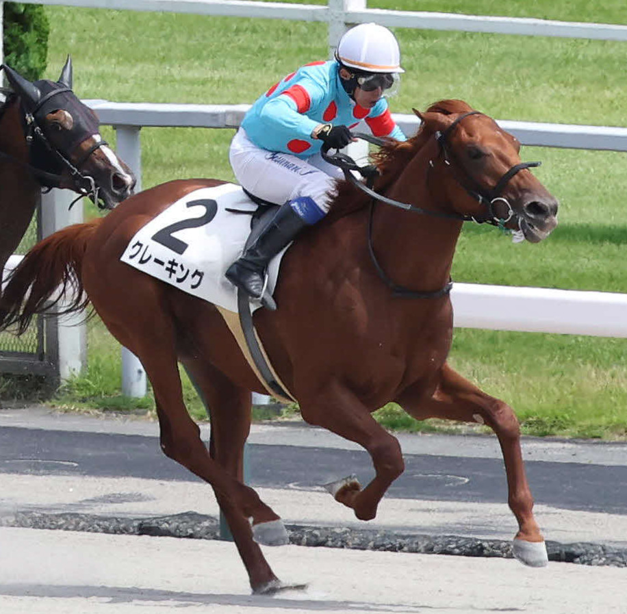 東京6R、2歳新馬戦を制したクレーキングと岩田康騎手（撮影・丹羽敏通）