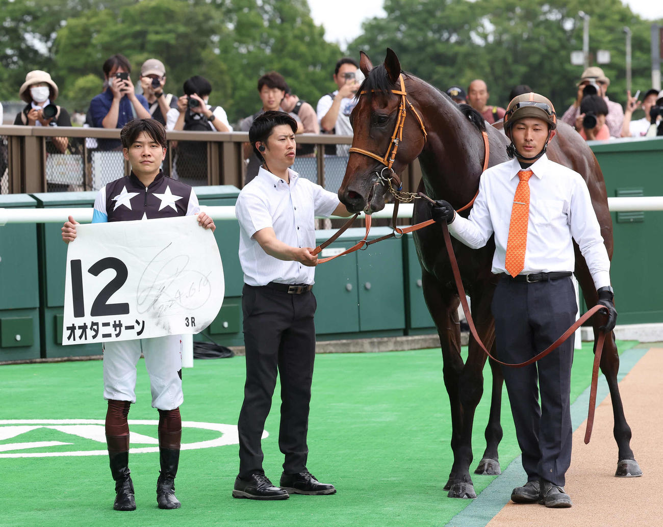 東京3R、3歳未勝利戦を制したオオタニサーンの口取りをする三浦騎手（撮影・丹羽敏通）