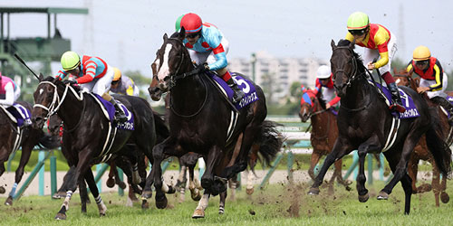 直線大外から力強く伸びて宝塚記念を制したイクイノックス(中央)(撮影・白石智彦)=2023年6月25日、阪神競馬場