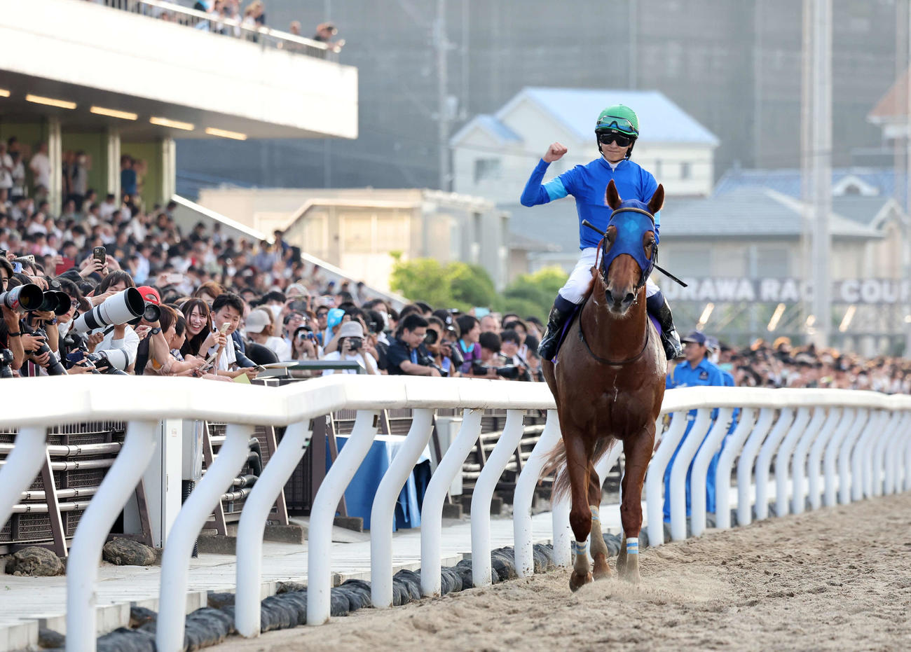 さきたま杯を制したレモンポップとファンに向かいガッツポーズする坂井瑠星騎手（撮影・鈴木正人）