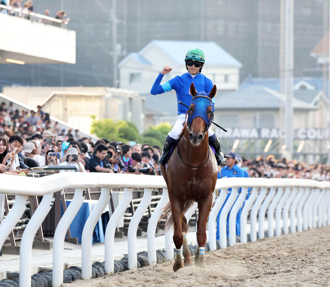 さきたま杯を制したレモンポップとファンに向かいガッツポーズする坂井瑠星騎手（撮影・鈴木正人）