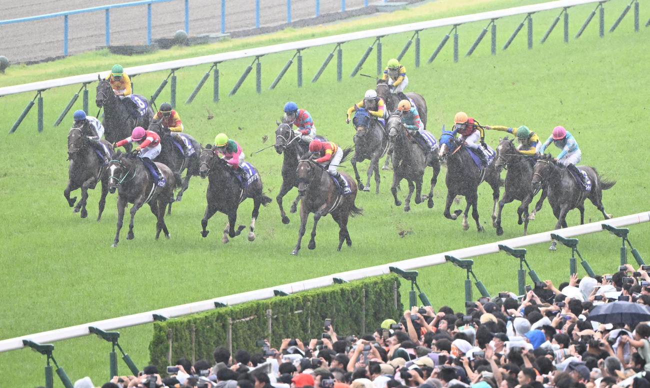 11R宝塚記念　直線で馬場の中ほどに進路をとるドウデュース（左）（撮影・和賀正仁）