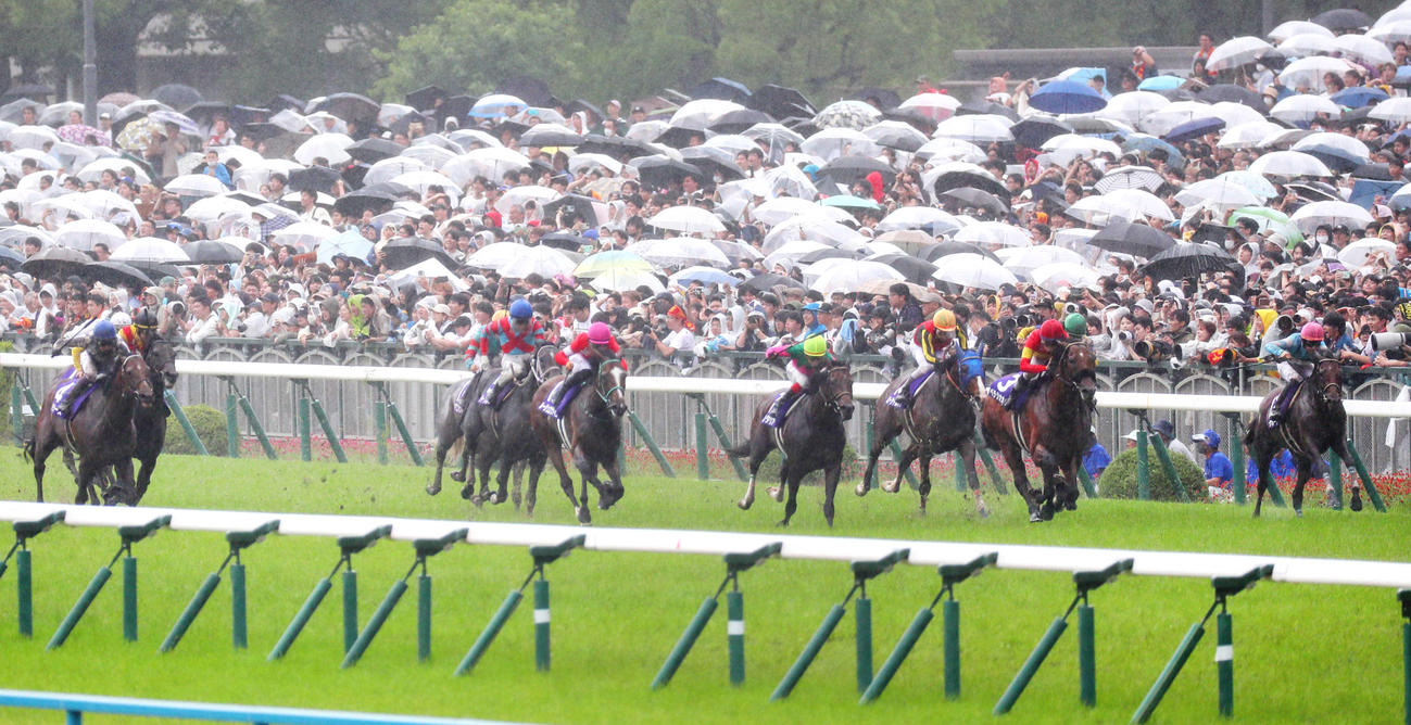 大外から宝塚記念を制したブローザホーンと菅原明騎手（右）と最内で6着のドウデュース（左端）