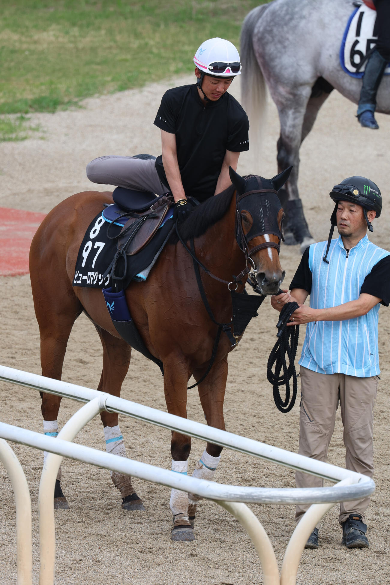 安田翔伍調教師が騎乗し、追い切りを終え引き揚げるピューロマジック