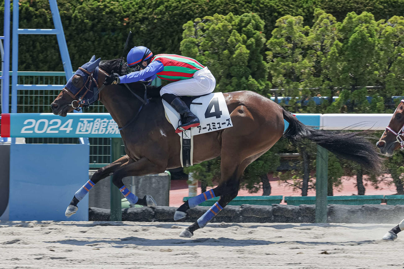 直線で抜け出し新馬戦を制したアースミューズと小林勝騎手（撮影・村野早祐）