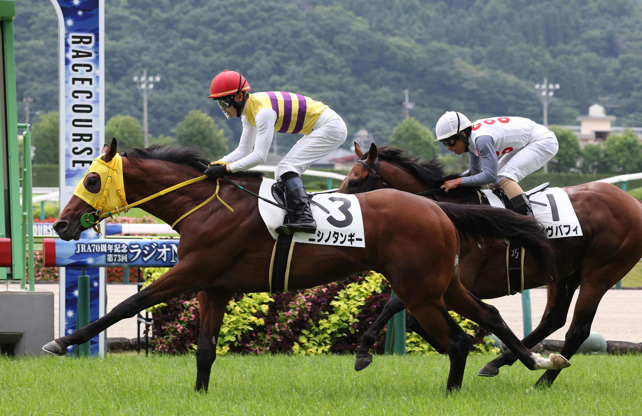 福島1R、2歳未勝利戦を制したニシノタンギーと菅原明騎手（撮影・丹羽敏通）