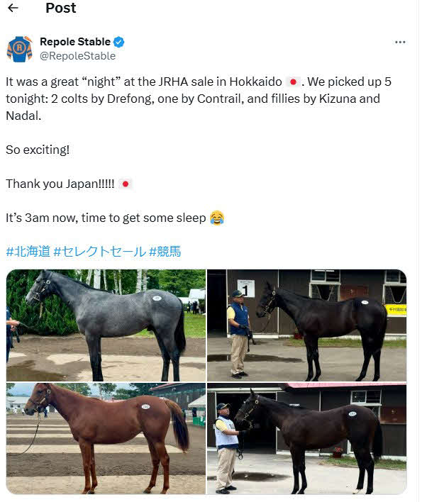 セレクトセールで落札した馬を投稿したリポールステーブルのX