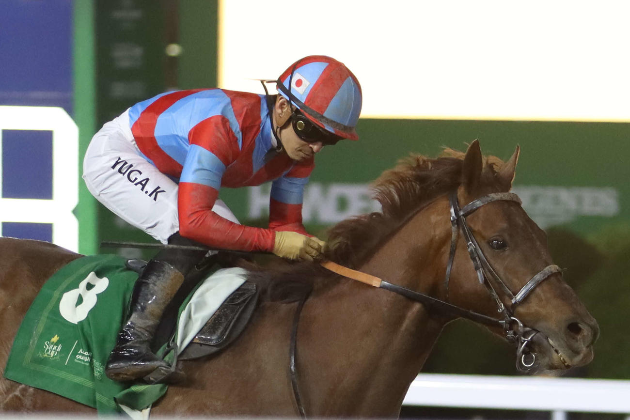 リヤドダートスプリントを制したリメイクと川田将雅騎手（2024年2月撮影）