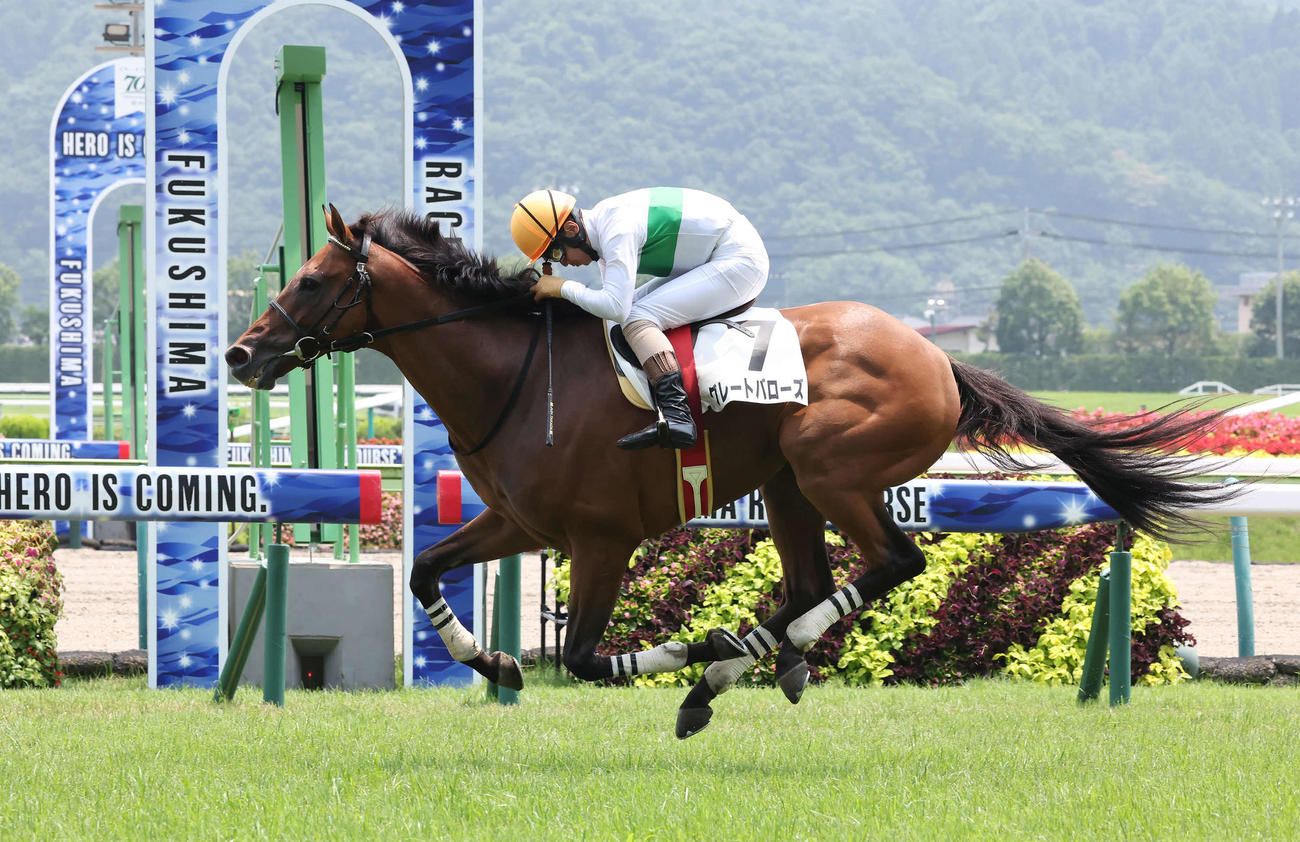 福島4R障害3歳上オープンを制したグレートバローズと高田騎手（撮影・丹羽敏通）