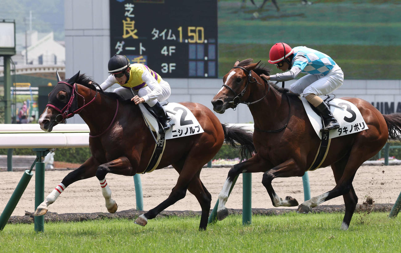 福島5R、2歳新馬戦を制したニシノルプと津村騎手。右は2着タキノボリ（撮影・丹羽敏通）