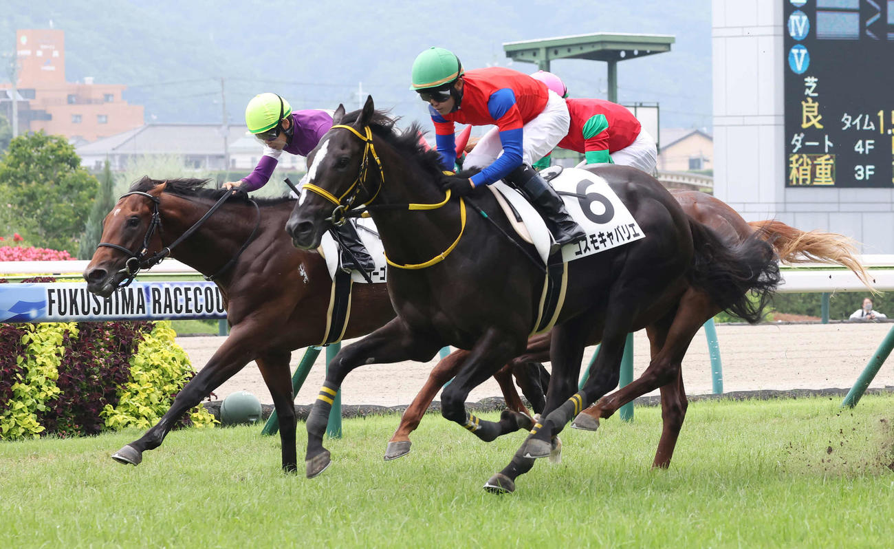 福島2R、2歳未勝利戦を制したコスモキャバリエと菅原明騎手（手前）（撮影・丹羽敏通）